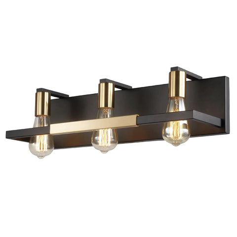 Rustic Dope Matte Black And Gold Three Light Vanity Light Over Mirror For Bathroom Or Powder Room, Vintage Industrial Wall Mounted