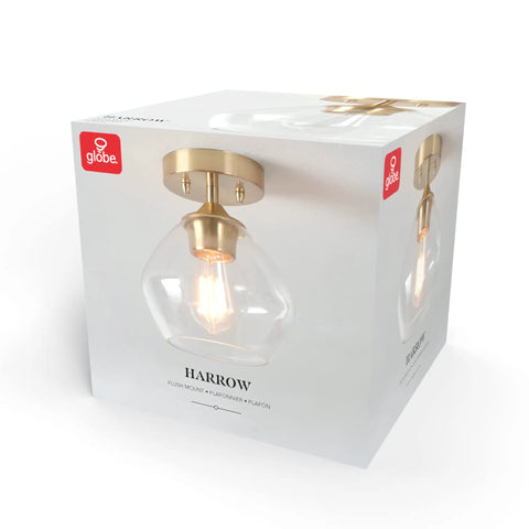 Harrow 1 Light Semi Flush Mount Ceiling Light In Matte Brass With Clear Glass Shade packaging on white background.