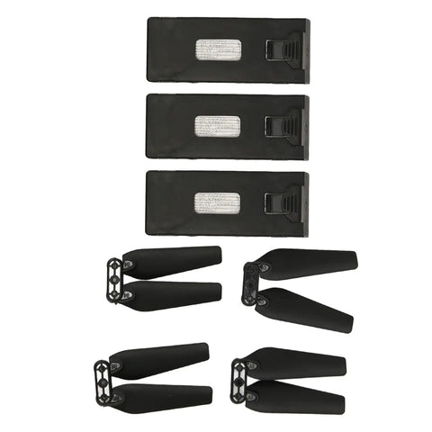Spare Drone Battery Set 3.7V 1800mAh With Four Propeller Blades Kit for E88 E88PRO E525 E99 E99PRO shown with three batteries and blades