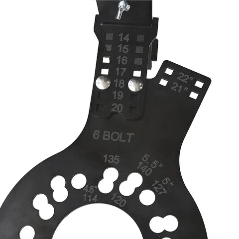 Premium Wheel Fitment Simulator And Offset Measurement Tool For 14 To 22 Inch Rims showing size and bolt measurements on a black steel gauge.