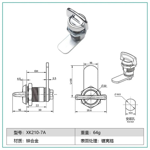 Straight Handle Cylindrical Turn Tongue Cam Lock For Electric Cabinet And Communication Cabinet with technical dimensions