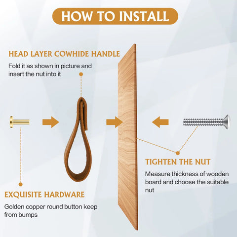 Installation guide for 12 Pack Leather Drawer Pulls Set Handcrafted Leather Handles, showing assembly steps and hardware details.