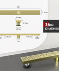 Super Efficient 36 Inch Linear Shower Drain In Brushed Gold For Fast Drainage And Clog Prevention With Removable Square Hole Grate In Sus304 Stainless Steel Cupc Certified For Us No Hub Systems with dimension details