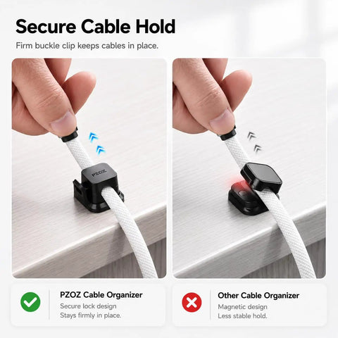 Comparison of Six Pack Cable Organizer Clips with no-residue adhesive and other clips securing cables on a desk.
