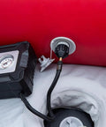 Inflatable Boat And Stand Up Paddle Board Pump Adapter For Schrader Valve No Fuss Universal Connector attached to valve on inflatable