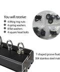 4 Piece T Track Mount Tie Down Kit with M8 stainless steel T bolts, eye nuts, washers, and ring nuts shown on a T-shaped rail