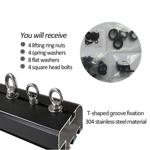 4 Piece T Track Mount Tie Down Kit with M8 stainless steel T bolts, eye nuts, washers, and ring nuts shown on a T-shaped rail