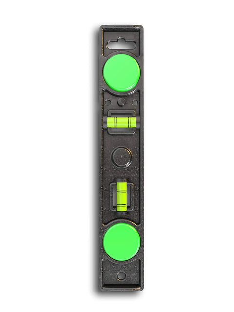 Straight Shooter Heavy Duty Dual Moving Magnet Stud Finder With Built In Nine Inch Level showing green bubble level features.