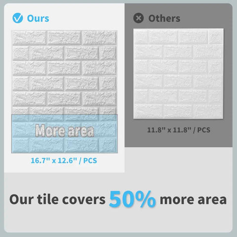 Comparison of Peel And Stick White Faux Brick Wall Panels 3D Foam Look Dope Realistic Brick Texture with competitor panel size.