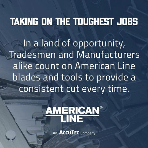 Promotional image for American Line razor blades mentioning tradesmen and manufacturers, with tagline 'Taking on the Toughest Jobs'.
