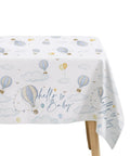 Blue Hot Air Balloon Baby Shower Tablecloth with "Hello Baby" text, Adventure Awaits theme, 55x86 inches, perfect table decor.