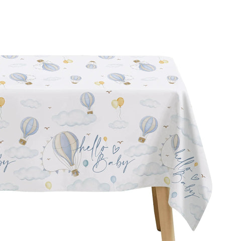 Blue Hot Air Balloon Baby Shower Tablecloth with "Hello Baby" text, Adventure Awaits theme, 55x86 inches, perfect table decor.