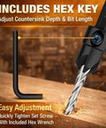 Close-up of a five pack countersink drill bit set with M2 HSS, four-flute adjustable tapered countersink bits and hex key for wood.