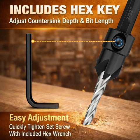 Close-up of a five pack countersink drill bit set with M2 HSS, four-flute adjustable tapered countersink bits and hex key for wood.