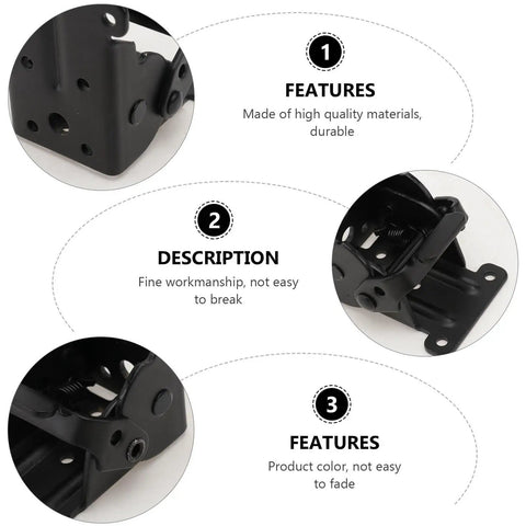 Close-up view of 2 Pack Black Iron Folding Table Leg Hinges for Durable Folding Furniture with features and description.