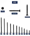 Real-Deal Heavy Duty Size 12 X 3/4 Inch Wood Screws 100 Piece Pack Self Tapping 304 Stainless Steel Flat Phillips Heads Black Oxide Coating Rust Proof Hardware set with various lengths and flat heads.