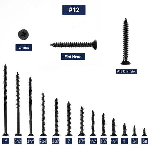 Real-Deal Heavy Duty Size 12 X 3/4 Inch Wood Screws 100 Piece Pack Self Tapping 304 Stainless Steel Flat Phillips Heads Black Oxide Coating Rust Proof Hardware set with various lengths and flat heads.