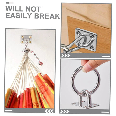 Two Pack Heavy Duty Stainless Steel Ceiling Hooks With Durable Anchor Plates For Hammocks And Yoga Swings Ideal For Home Gyms Studios And Patios Versatile Eye Hooks For Secure Hanging And Rigging Applications In Indoor And Outdoor Setups shown installed with ropes and close-up of hook