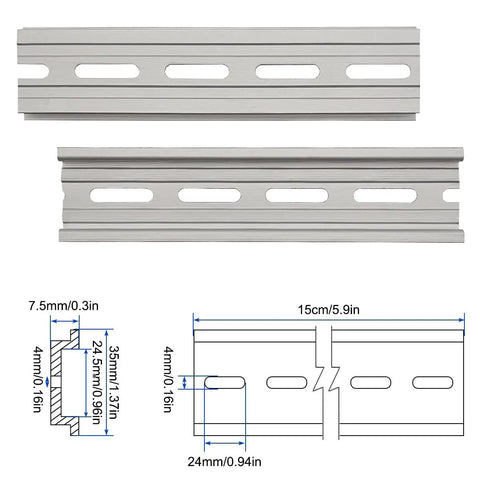 Beefy Durable Aluminum DIN Rails Top Hat Slotted 6 Inch Length With 7.5 mm Height And 35 mm Width Set Of 10 product dimensions