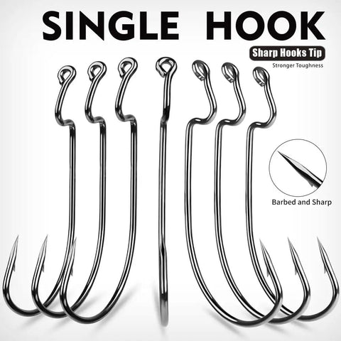 Bass Fishing Offset Worm Hooks Kit With Tackle Box, EWG Wide Gap Hooks, sharp, barbed, single hooks shown vertically