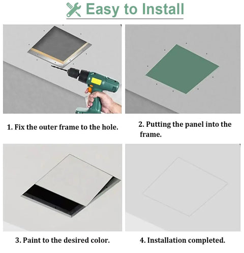 Installation steps for Straight Up Sleek Paintable Attic Access Door For Drywall Ceiling And Plumbing Inspection Panel With Tough Aluminum Frame.