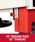 16-inch resaw capacity and 18-inch throat on 18 Inch Woodworking Band Saw With 1.75 HP 115V 1Ph Big 16 Inch Resaw Capacity Foot Brake For Quick Stops Dual 4 Inch Dust Ports Workhorse Tool For Large Panels And Veneers.