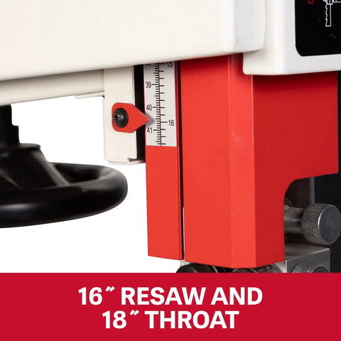 16-inch resaw capacity and 18-inch throat on 18 Inch Woodworking Band Saw With 1.75 HP 115V 1Ph Big 16 Inch Resaw Capacity Foot Brake For Quick Stops Dual 4 Inch Dust Ports Workhorse Tool For Large Panels And Veneers.