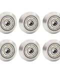 Six Tuned Up Stainless Steel V Slot Pulleys Featuring Precision 625ZZ Bearings displayed from the front view.