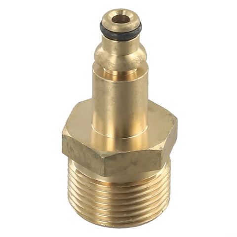 Front view of brass M22 high-pressure washer hose adapter with O-ring seal and hex nut