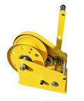 Heavy Duty Hand Crank Winch Featuring Dual Ratchet Brake And Precision Bearing Drivetrain, yellow metal construction for reliable towing.