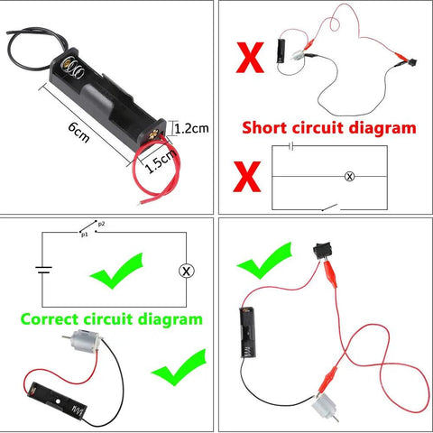 Totally Hands On Electric Circuit Kit For Kids Diy STEM Learning Set With Motors Bulbs Switches Propellers Buzzer Clips And Battery Holder A Fun Do It Yourself Engineering Project For Young Makers showing battery holder with correct and incorrect circuit diagrams.