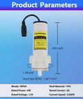 Compact Electric Water Transfer Pump With Top Shelf Food Grade Hoses And Plug And Play Adjustable Speed Settings For A Steady Two Liter Per Minute Stream During Quick 110 Volt Hookups displayed with dimensions and technical specs.