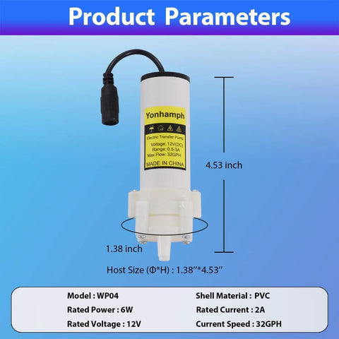 Compact Electric Water Transfer Pump With Top Shelf Food Grade Hoses And Plug And Play Adjustable Speed Settings For A Steady Two Liter Per Minute Stream During Quick 110 Volt Hookups displayed with dimensions and technical specs.