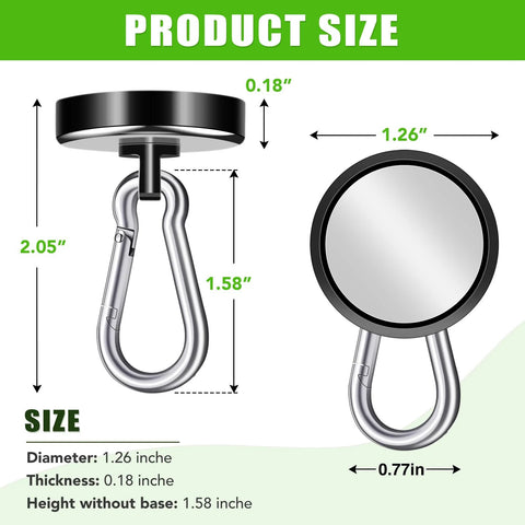 Dimensions of 110Lbs Neodymium Magnetic Hooks Set With Swivel Carabiner Hangers, Heavy Duty Black Magnetic Hooks 12 Pack Bundle