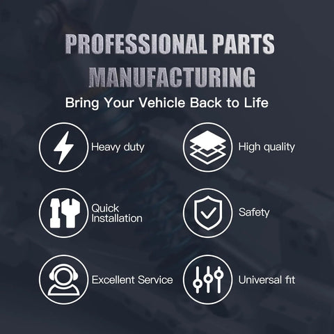 Promotional banner for professional parts manufacturing with circular icons and text about heavy duty, high quality.