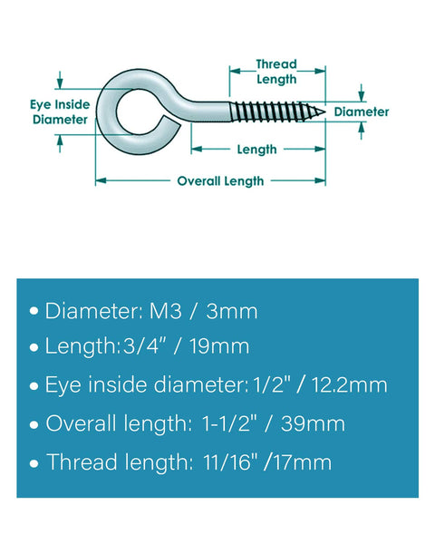 Diagram showing dimensions for Hardcore M3 X 1-1/2 Inch Screw Eyes Pack Of Twenty Rock Solid Heavy Duty Lag Eye Bolts.