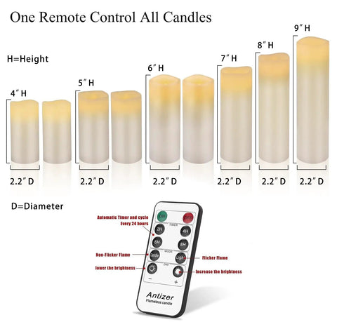 Nine Piece Flameless LED Wax Pillar Candles Set With Remote Timers Real Wax Ivory Finish shown in different heights with remote