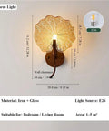 Vintage Leaf Wall Sconce Amber Glass Shade Bronze Iron Wall Light Fixture E26 Bulb on wall with dimensions and details.
