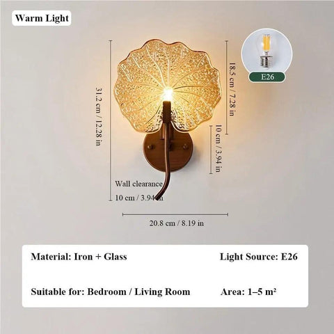 Vintage Leaf Wall Sconce Amber Glass Shade Bronze Iron Wall Light Fixture E26 Bulb on wall with dimensions and details.
