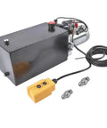 Beefy 10 Quart Hydraulic Power Unit With 1.6KW 12V DC Motor Double Acting Pump 3200 PSI Max Heavy Duty Metal Reservoir For Dump Trailers And Car Lifts 2.1HP Hydraulic Pump Power Unit displayed with remote control and fittings