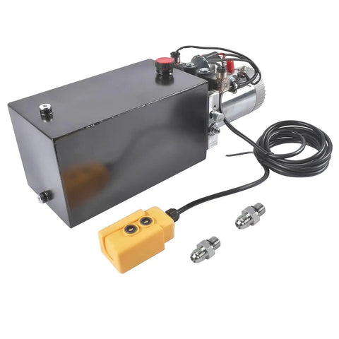 Beefy 10 Quart Hydraulic Power Unit With 1.6KW 12V DC Motor Double Acting Pump 3200 PSI Max Heavy Duty Metal Reservoir For Dump Trailers And Car Lifts 2.1HP Hydraulic Pump Power Unit displayed with remote control and fittings