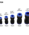 50 Piece Straight Push Connectors Kit With Quick Release Pneumatic Fittings For 4 To 12mm OD Tubing And Pu Plastic Air Hose Adapters showing 4 to 12mm sizes