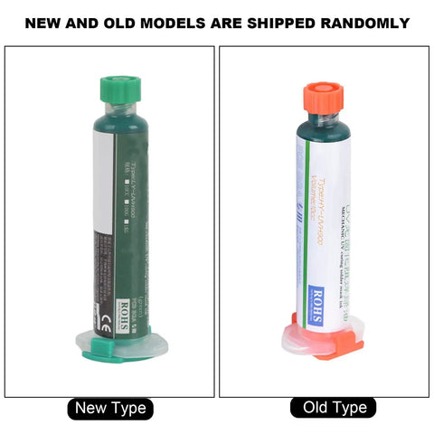 Solder Mask Ink With Curing Light Set For BGA PCB Repair, new and old model tubes, green and white packaging.