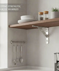 Beefy Sturdy Stainless Steel Wall Shelf Bracket With L Shape Design mounted supporting kitchen shelf holding dishes.
