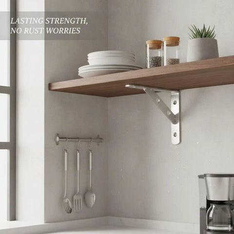 Beefy Sturdy Stainless Steel Wall Shelf Bracket With L Shape Design mounted supporting kitchen shelf holding dishes.