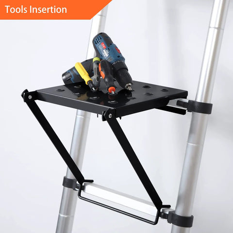 Pro Grade Heavy Duty Ladder Platform With 400 Lb Capacity Anti Slip Standing Surface And Tool Tray shown with tools