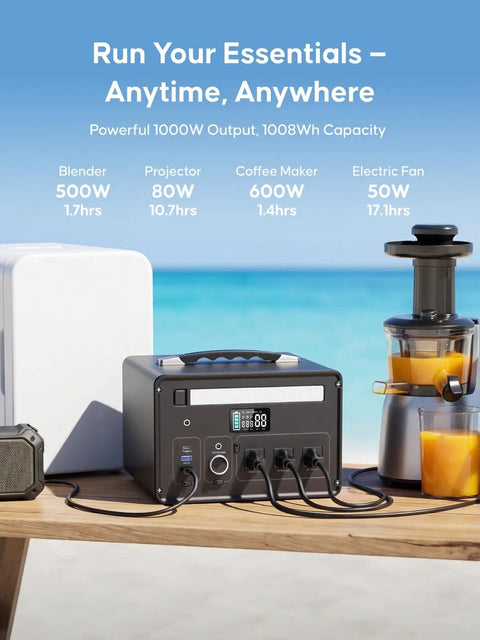 Rugged Portable Power Station Delivering A Solid 1000W Output Loaded With 1008Wh LiFePO4 Cells and essential devices on a beach table.