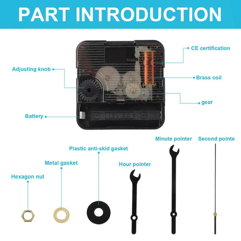 Silent Quartz Wall Clock Movement Kit With Hands For DIY Repair And Craft Projects Battery Powered Motor Replacement 6.69In Easy Install High Precision Timekeeping parts including hour and minute pointers, battery, and gears displayed.