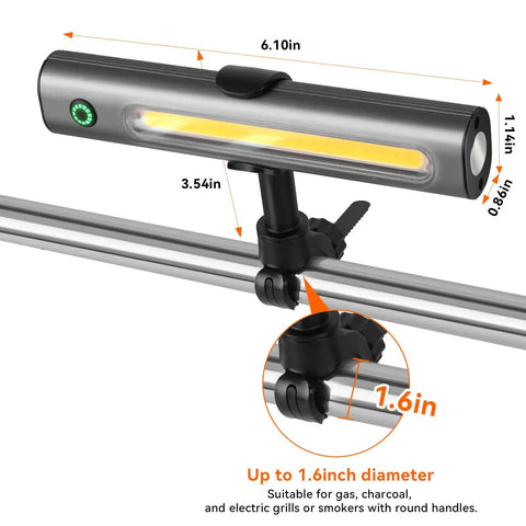 Magnetic LED Grill Light For Outdoor Grills Tool Free Mount On Blackstone And Weber Griddles Ultra Bright BBQ Light With Magnetic Base Ideal Gift For Men Women Dad Mom For Late Night Grilling, showing mounting details and dimensions on a grill handle.