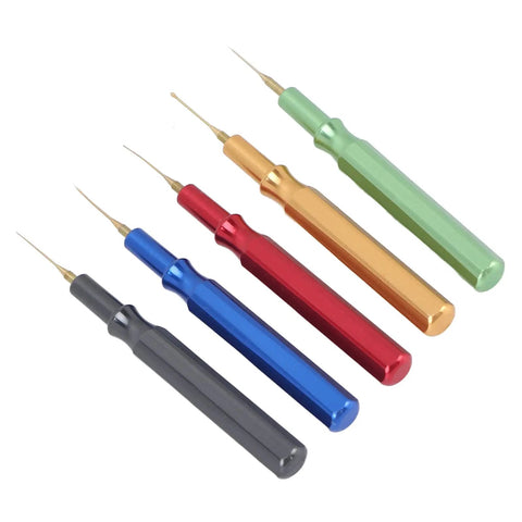 Five Piece Watch Lubricant Oiler Set with fine tip oil pin pens in red, gray, green, blue, yellow crafted from steel for delicate gears